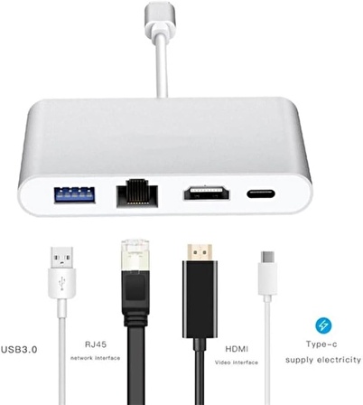 Coverzone Type-C 3.1 HDMI 4K 100Mbps Ethernet RJ45 100M PD USB3.0 USB C HUB Dönüştürücü 4 in 1 Macbook Pro Uyumlu iPhone 15 Serisi Uyumlu ZR283