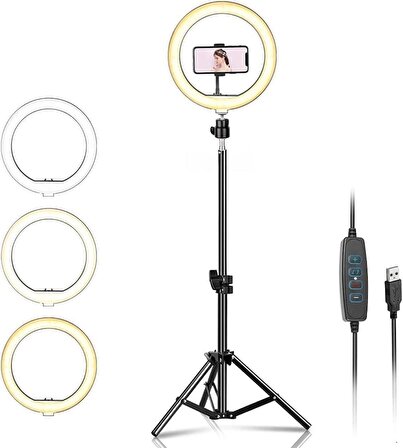 Coverzone 14 inch Youtuber LED Işıklı Halka Telefon Tutuculu 14 inch 26 cm Selfie / Yayıncı/Makyaj Işığı 210 cm Tripod F08