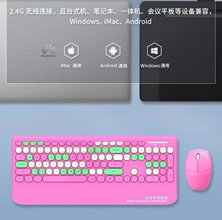 Geezer Kablosuz Klavye Mouse Set 106 Tuşlu İngilizce Q Klavye Notebook Laptop Uyumlu Bilek Destekli USB Dongle ile Bağlantı G100 (Pembe)