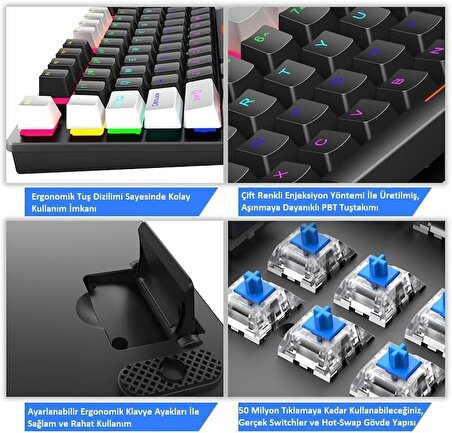 Leaven K550 Kablolu Led RGB 87 Tuşlu Mekanik Oyuncu Işıklı Klavye Ergonomik Tasarım Rahat 150cm Kablo Bilgisayar PC için Siyah-Beyaz Klavye Mavi Switch