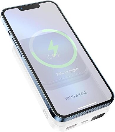 Borofone Powerbank Hem Kablolu Hem Kablosuz Şarj Destekli Güç Bankası Led Göstergeli Spencer PD20W 10000mAh Wireless Charging iPhone Uyumlu Android Uyumlu BJ26