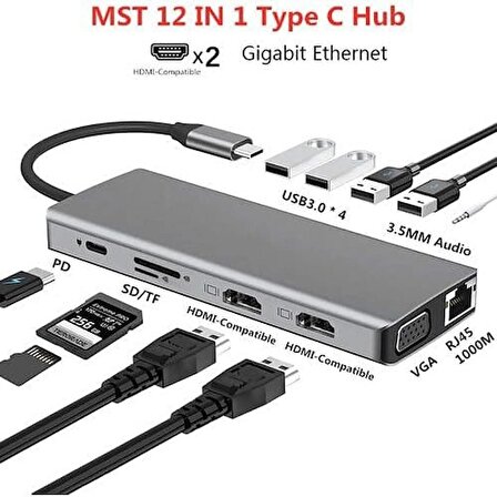 Coverzone 12in1 Dock Station 2 Adet HDMI Uyumlu 1000 Mbps 4 K Çift Monitör USB C Adaptörü USB 3.0 VGA RJ45 Pd Için Macbook Pro Tipi C Docking Dizüstü Yer Yapma Istasyonları Type-C Adaptör ZR610