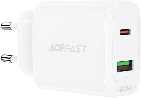 Acefast Duvar Şarj Cihazı Hızlı Şarj Type-C ve USB-A Seyahat Şarj Cihazı PD20W Şarj Kafa (1xUSB-C+1xUSB-A) EU Beyaz Renk A25