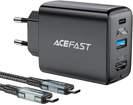 ACEFAST Duvar Şarj Cihazı Akıllı Şarj Cihazı Type-C to Type-C Şarj Kablo USB-C - 60W + USB-A - 5W + Medya Bağlantı Noktası 4K / 60Hz GaN PD65W EU A17 Siyah Renk