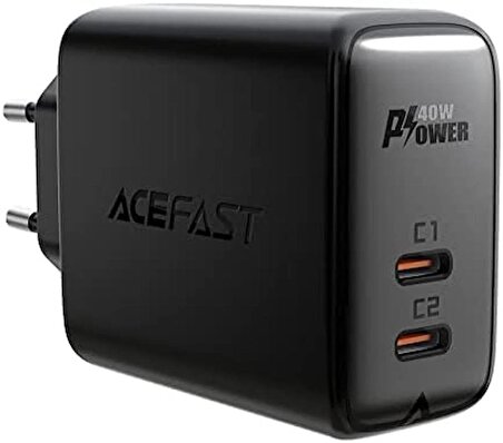 ACEFAST Duvar Hızlı Şarj Cihazı Dual Type-C Çıkışlı Tablet ve Telefon Şarj Aleti  USB -C Şarj Başlığı PD40W (2xUSB-C) EU Siyah  A9