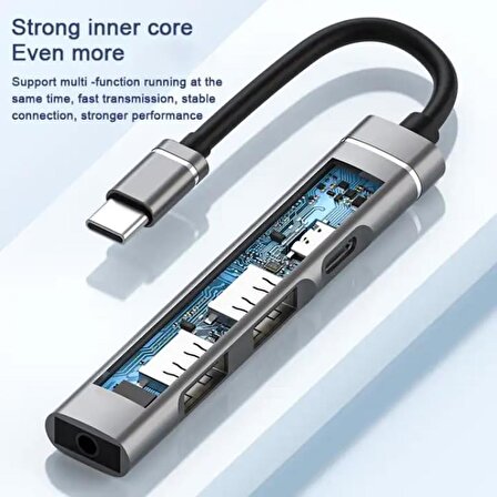 Coverzone Ses Kartlı USB Hub Çok Portlu Çoklayıcı Adaptör 4 in 1 USB/Type-c To USB 3.0, USB C ve 3.5mm Jak Çıkışlı Macbook Uyumlu Çevirici Adaptör  Gümüş Renk ZR615