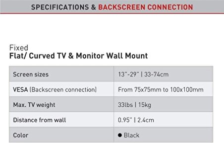 Barkan E100 Televizyon Askı Ünitesi 13" - 29" / 33-74cm Arka Ekran Bağlantısı 75x75mm - 100x100mm TV Ağırlık Kapasitesi 15 KG 