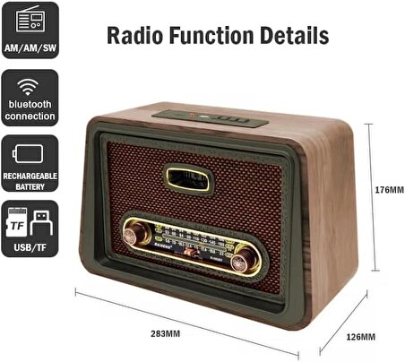 Coverzone Yeni Nesil Radyo USB SD FM Bluetooth Hoparlör Müzik Kutusu İç ve Dış Mekan Tatil Piknik Kullanıma Uygun Retro Şarj Edilebilir R-1952BT (Taba)