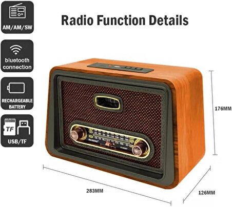 Coverzone Yeni Nesil Radyo USB SD FM Bluetooth Hoparlör Müzik Kutusu İç ve Dış Mekan Tatil Piknik Kullanıma Uygun Retro Şarj Edilebilir R-1952BT (Açık Kahverengi)