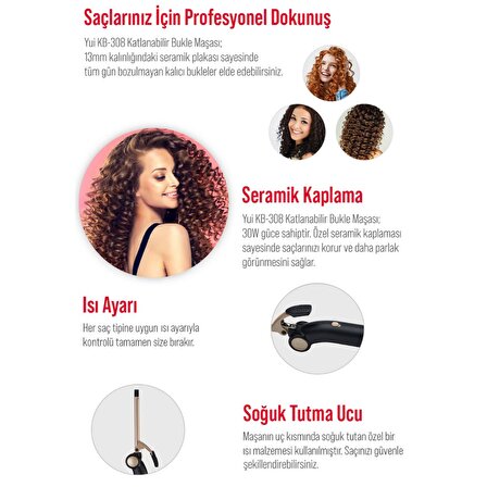 Yui KB308 Seramik Plaka Afro Dalga 13mm Katlanabilir Saç Şekillendirici Maşa(Yui Türkiye Garantili)