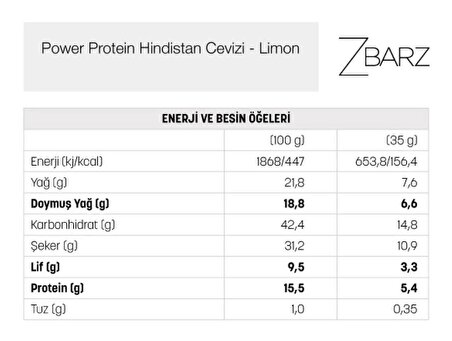 Power Protein Hindistan Cevizi - Limonlu Bar 35 Gr (24'lü)