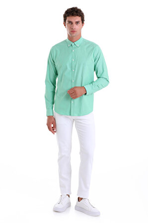 Yeşil Slim Fit Çizgili Slim Yaka 100% Pamuk Uzun Kollu Casual Gömlek