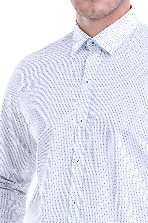 Beyaz %100 Pamuk Uzun Kollu Baskılı Comfort Fit Gömlek | L