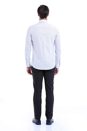 Beyaz %100 Pamuk Uzun Kollu Baskılı Comfort Fit Gömlek | L