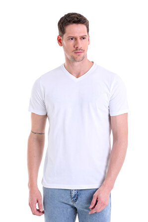 Beyaz Düz Slim Fit 100% Pamuk V Yaka Tişört