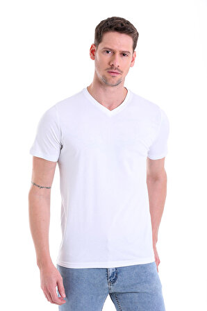 Beyaz Düz Slim Fit 100% Pamuk V Yaka Tişört