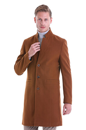 Kahverengi Slim Fit Düz Sivri Yaka Yün Palto | L
