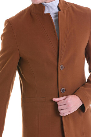 Kahverengi Slim Fit Düz Sivri Yaka Yün Palto | L