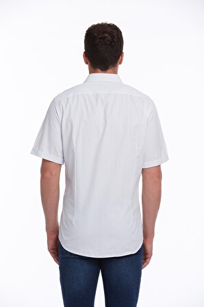 Beyaz Regular Fit Pamuklu Mavi Çizgili Kısa Kollu Gömlek | XXL