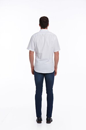 Beyaz Regular Fit Pamuklu Mavi Çizgili Kısa Kollu Gömlek | XXL