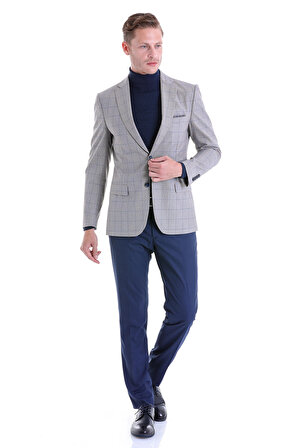 Lacivert Slim Fit Kareli Çift Düğme Takım Elbise | 48