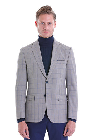 Lacivert Slim Fit Kareli Çift Düğme Takım Elbise | 48