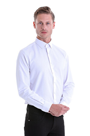 Beyaz Comfort Fit Pamuklu Düz Uzun Kollu Gömlek | S