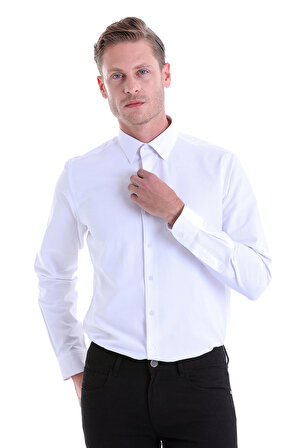 Beyaz Comfort Fit Pamuklu Düz Uzun Kollu Gömlek | S