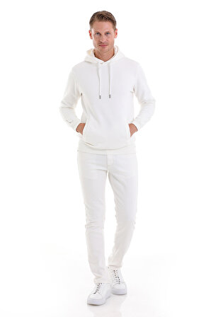 Beyaz Regular Fit Düz Pamuklu Kapüşonlu Kanguru Cepli Sweatshirt