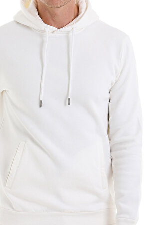 Beyaz Regular Fit Düz Pamuklu Kapüşonlu Kanguru Cepli Sweatshirt