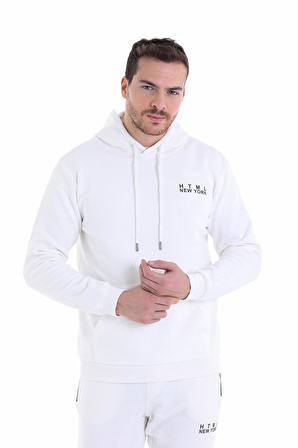 Ekru Regular Fit Düz Kapüşonlu Pamuklu Kanguru Cep Sweatshirt