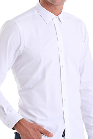 Beyaz D. Comfort Fit Desenli Pamuklu Slim Yaka Uzun Kollu Klasik Gömlek