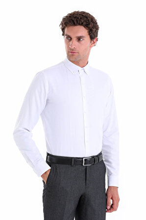 Beyaz Comfort Fit Düz Pamuklu Düğmeli Yaka Uzun Kollu Oxford Gömlek