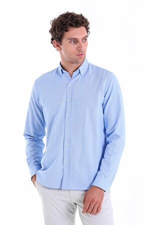 A. Mavi Comfort Fit Düz Pamuklu Düğmeli Yaka Uzun Kollu Oxford Gömlek