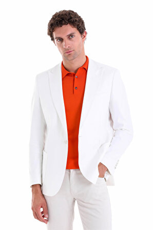 Beyaz D. Comfort Fit Düz Mono Yaka Casual Keten Ceket