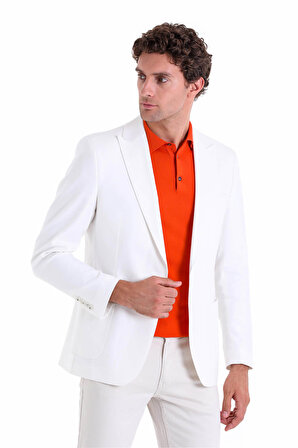 Beyaz D. Comfort Fit Düz Mono Yaka Casual Keten Ceket