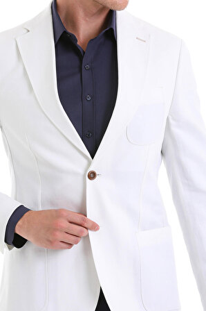 Beyaz Comfort Fit Düz Mono Yaka Casual Keten Ceket