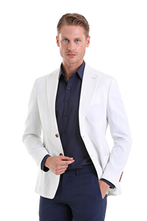 Beyaz Comfort Fit Düz Mono Yaka Casual Keten Ceket
