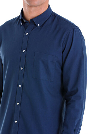 Lacivert Comfort Fit Düz 100% Pamuk Düğmeli Yaka Uzun Kollu Oxford Gömlek