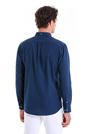 Lacivert Comfort Fit Düz 100% Pamuk Düğmeli Yaka Uzun Kollu Oxford Gömlek
