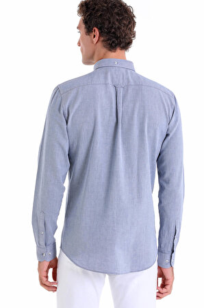 A.Lacivert Comfort Fit Düz 100% Pamuk Düğmeli Yaka Uzun Kollu Oxford Gömlek