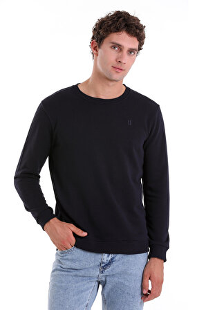 Lacivert Regular Fit Düz Pamuklu Bisiklet Yaka Sweatshirt