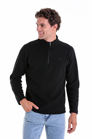 Siyah Regular Fit Düz Yarım Boy Fermuarlı Polar Sweatshirt