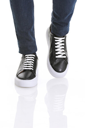Siyah Casual Bağcıklı Deri Sneakers | 41