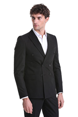 Siyah Slim Fit Düz Kruvaze Klasik Takım Elbise | 50