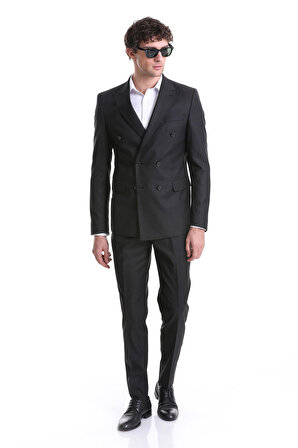Siyah Slim Fit Düz Kruvaze Klasik Takım Elbise | 54