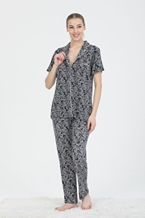 PJS 24225 Kadın Düğmeli Desenli Kısa Kollu Pijama Takım