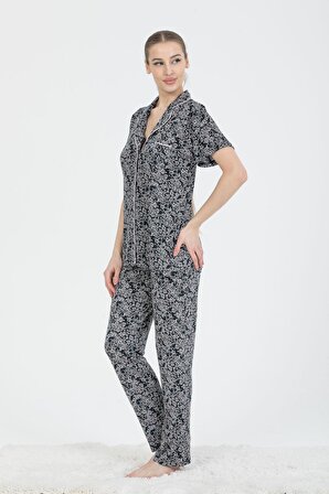 PJS 24225 Kadın Düğmeli Desenli Kısa Kollu Pijama Takım