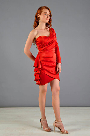 Carmen Kadın Saten Tek Kollu Kısa Abiye Elbise 55759 Kırmızı