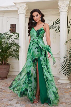 Yeşil Empirme Askılı Uzun Abiye Elbise